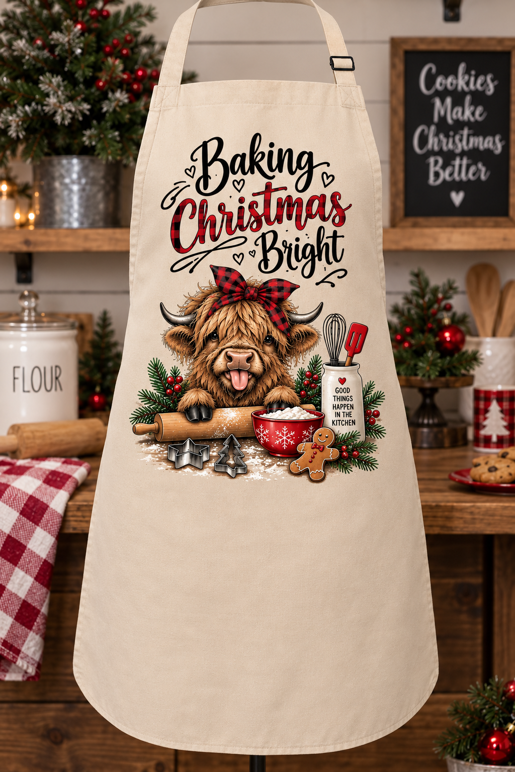 Baking Christmas Bright Highland Cow Christmas Apron