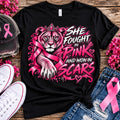 She Fought in Pink and Won in Scars | Breast Cancer Awareness Soft Touch T-Shirt