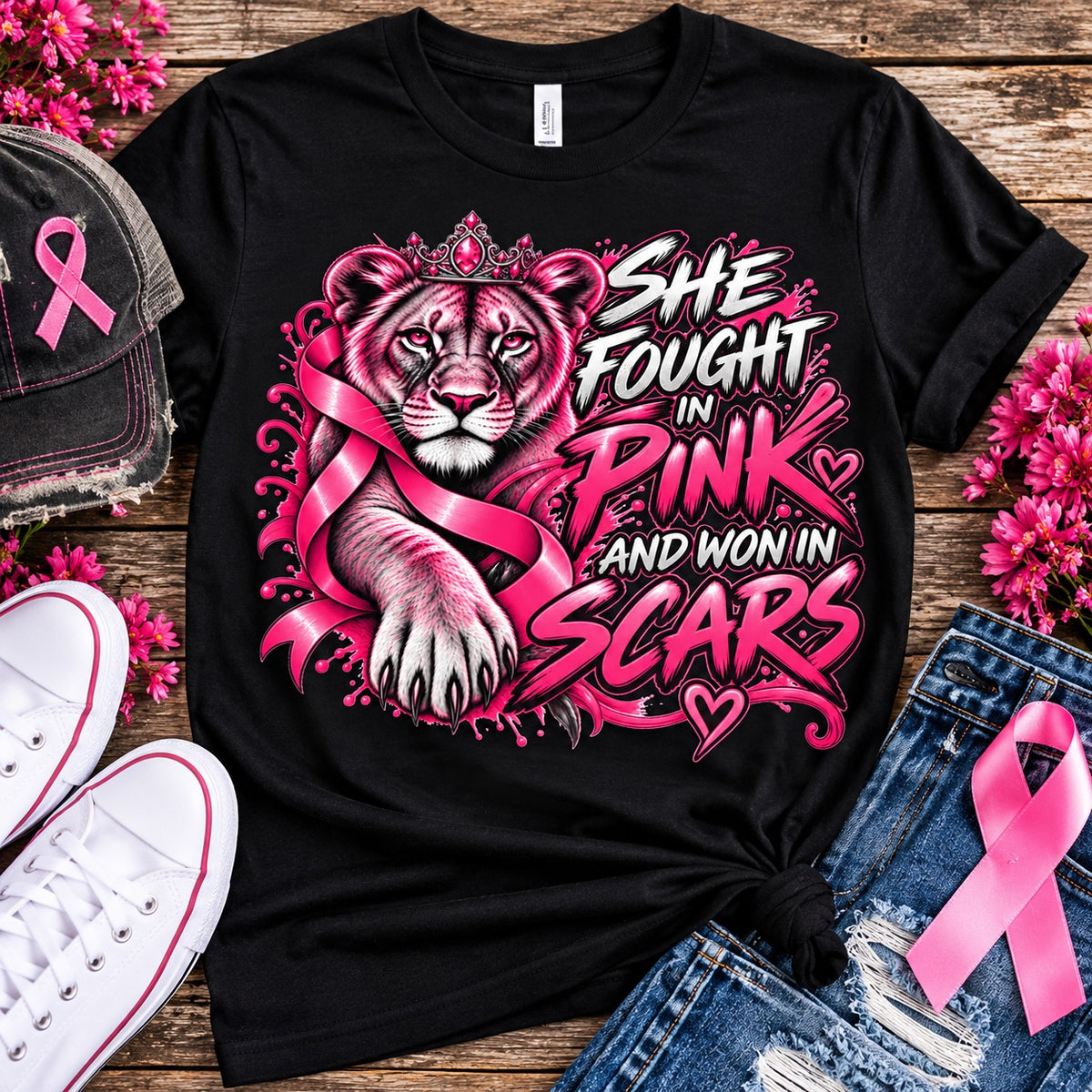 She Fought in Pink and Won in Scars | Breast Cancer Awareness Soft Touch T-Shirt