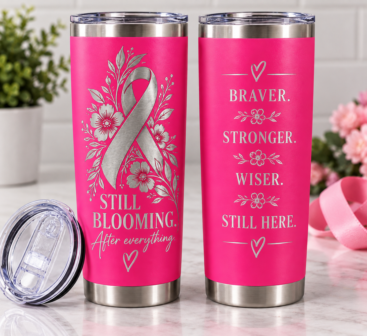 Still Blooming Breast Cancer Awareness Engraved Tumbler – 20 oz